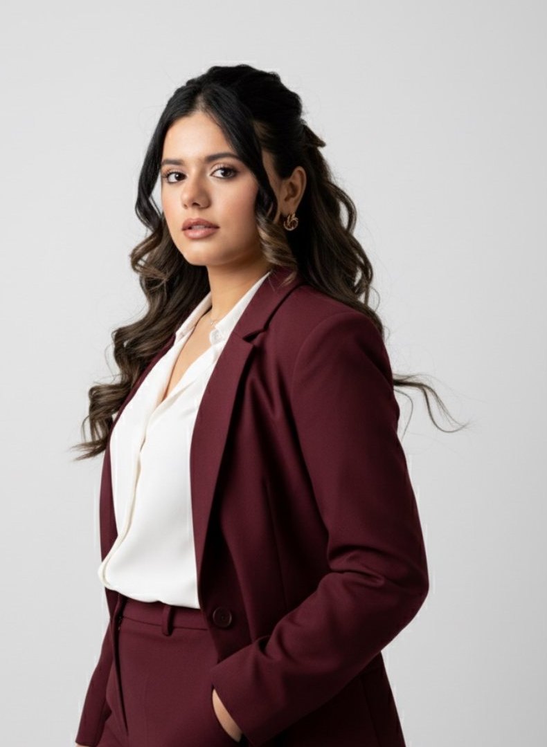 Jasmine Chadha, Canadian Certified Counsellor, in a burgundy suit against a soft grey background